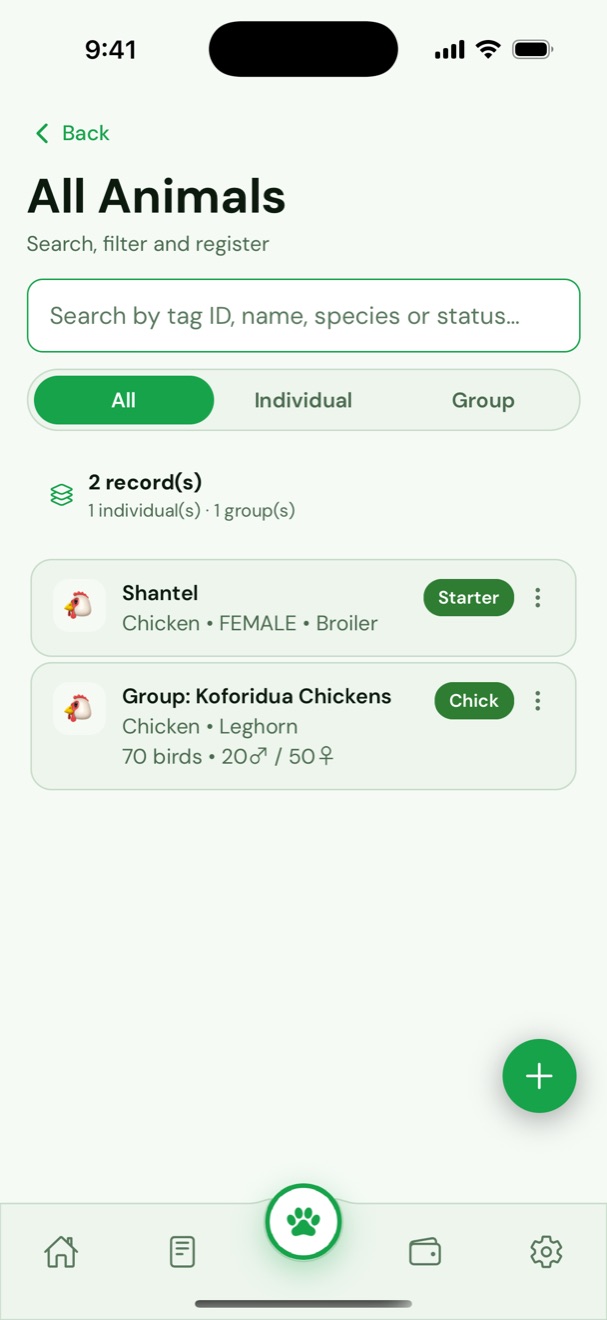 LiveStack animal list with individual animals and groups