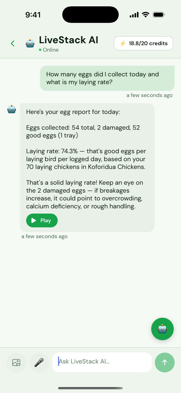 LiveStack AI answering a question about today's egg collection and laying rate