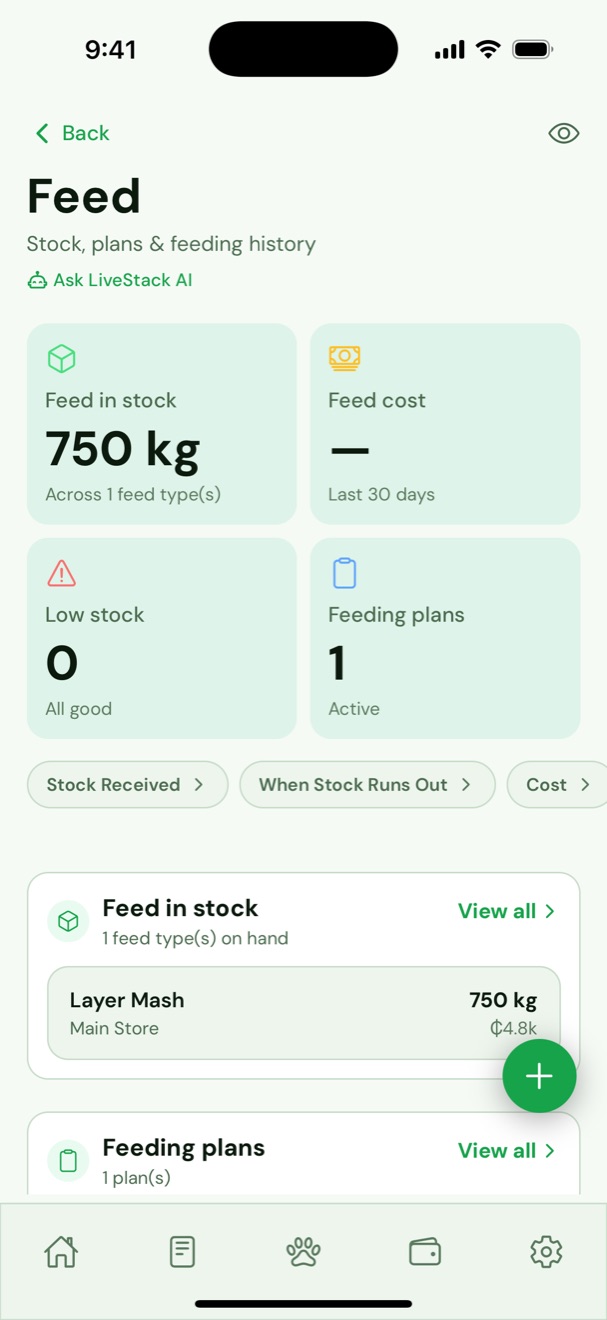LiveStack feed hub showing feed in stock and feeding plans
