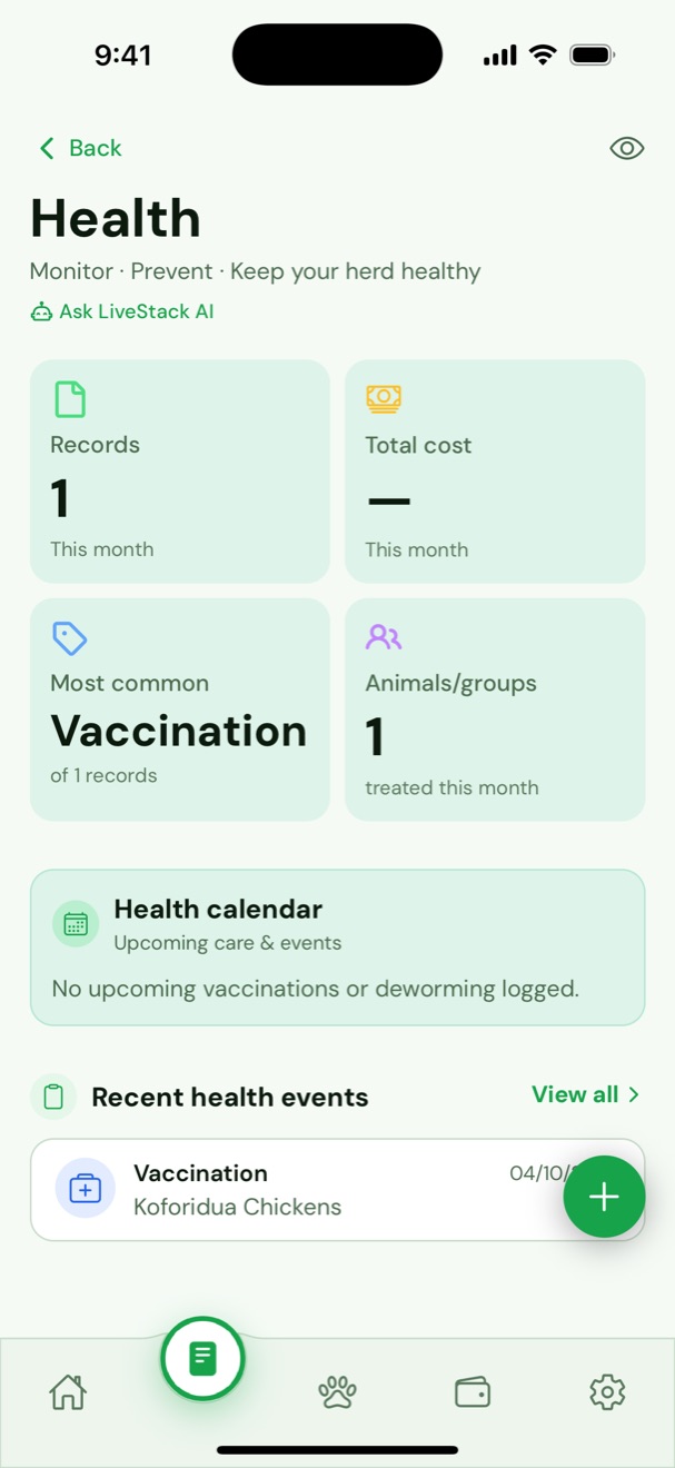 LiveStack health overview with records, costs and a care calendar